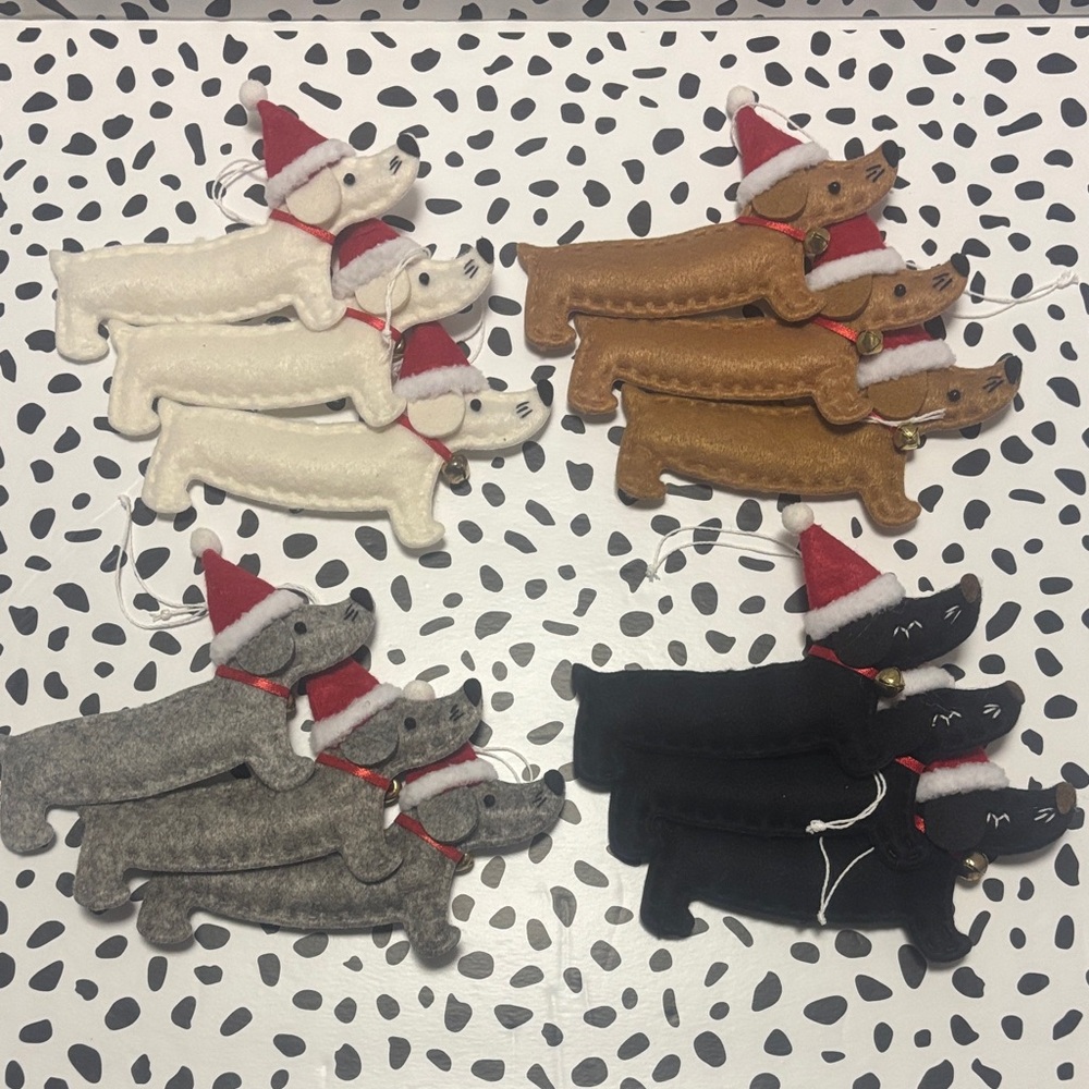 12 Dachshund Sausage Hot Dog Christmas Felt Ornaments, Cream, Brown, Gray, Black